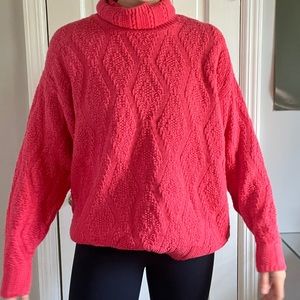 Bright Coral Cable Pink knit Turtle neck sweater Jeanne Pierre size M